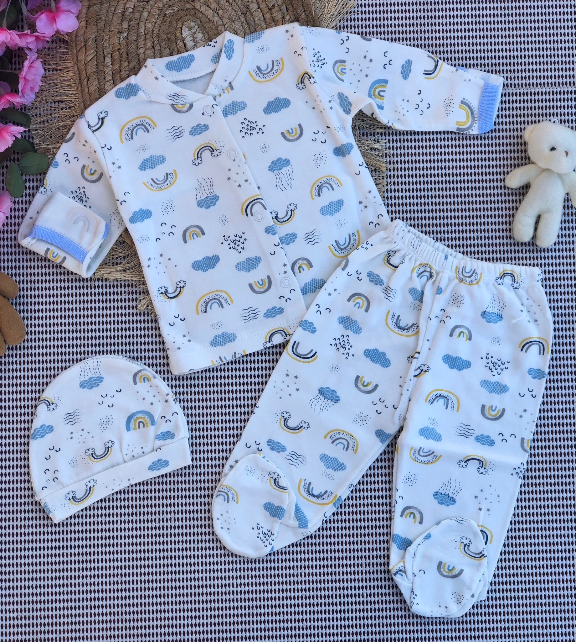 MiniPetty Desenli Baskılı Düğmeli 3'li Set - Mavi Bulut Desen