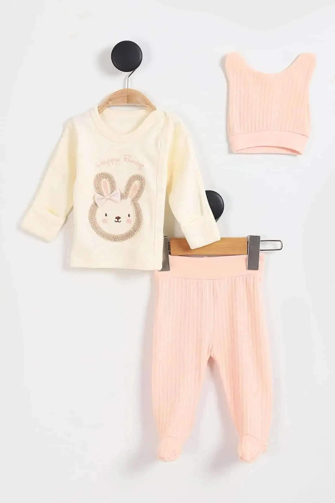 Babycan Süzene Tavşan Nakışlı Patikli 3'lü Kız Bebek Zıbın Seti  - Pudra