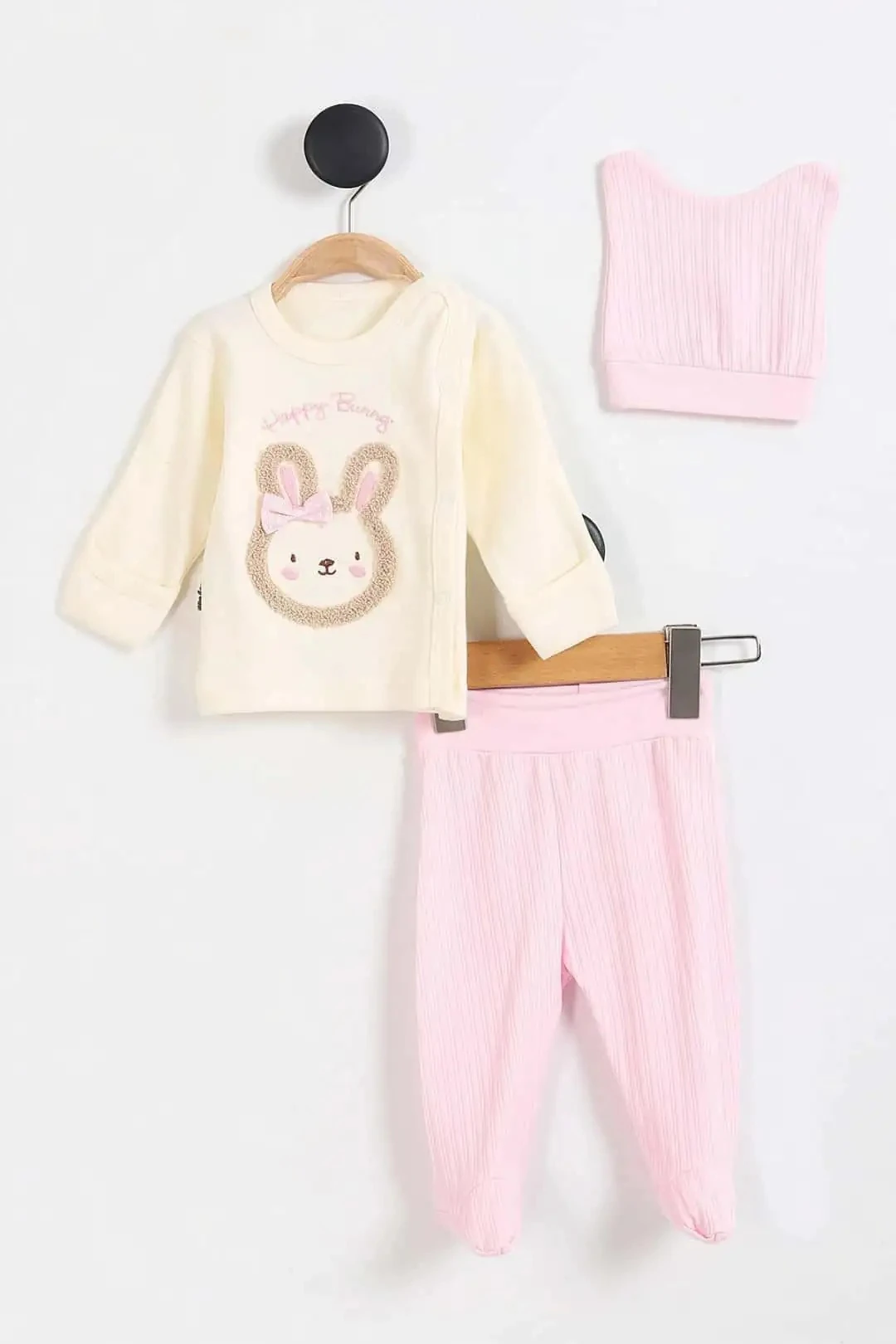 Babycan Süzene Tavşan Nakışlı Patikli 3'lü Kız Bebek Zıbın Seti  - Pembe