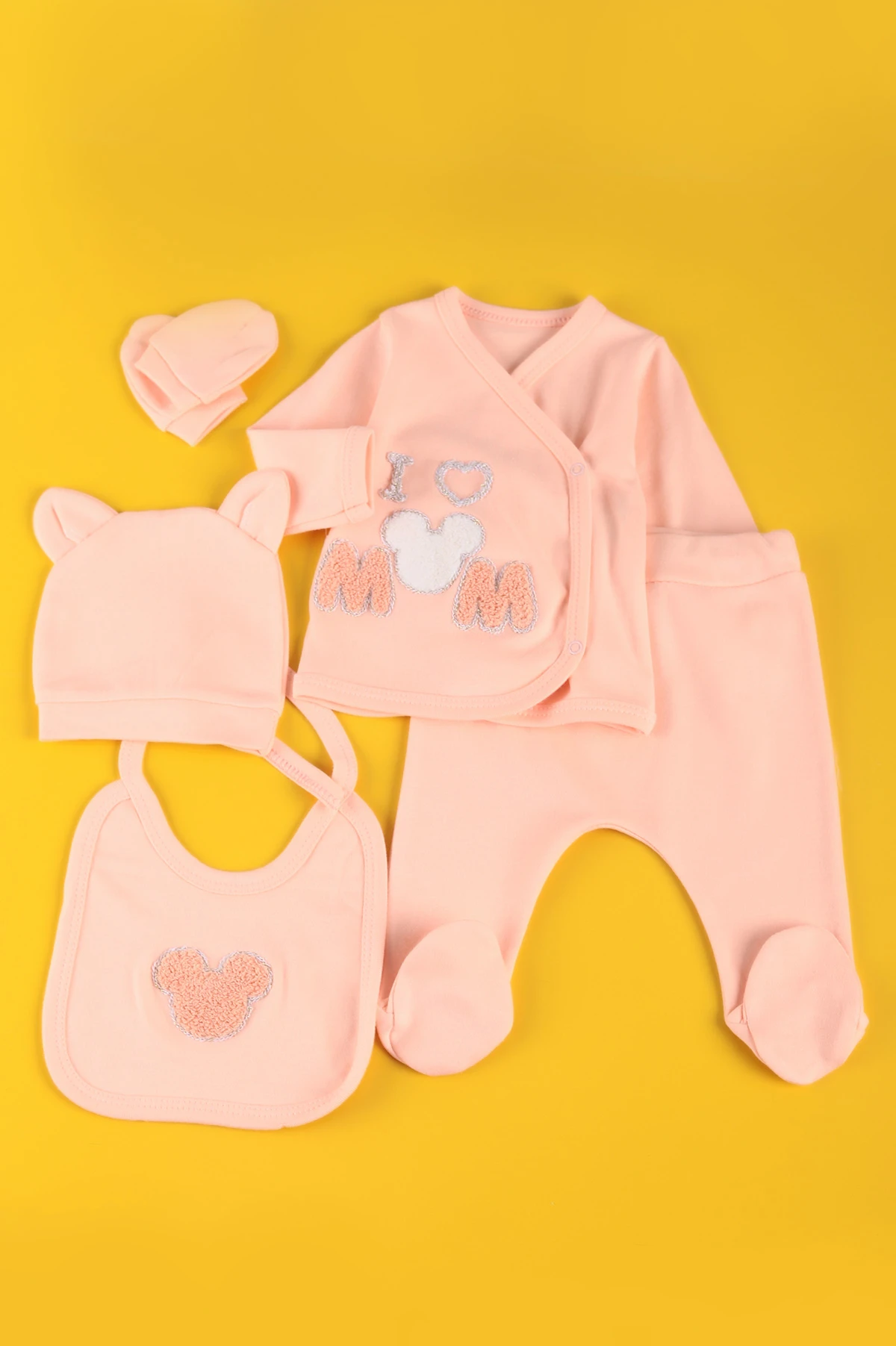 Beyaz Bebek Nakışlı Kız Bebe Takım - Pudra