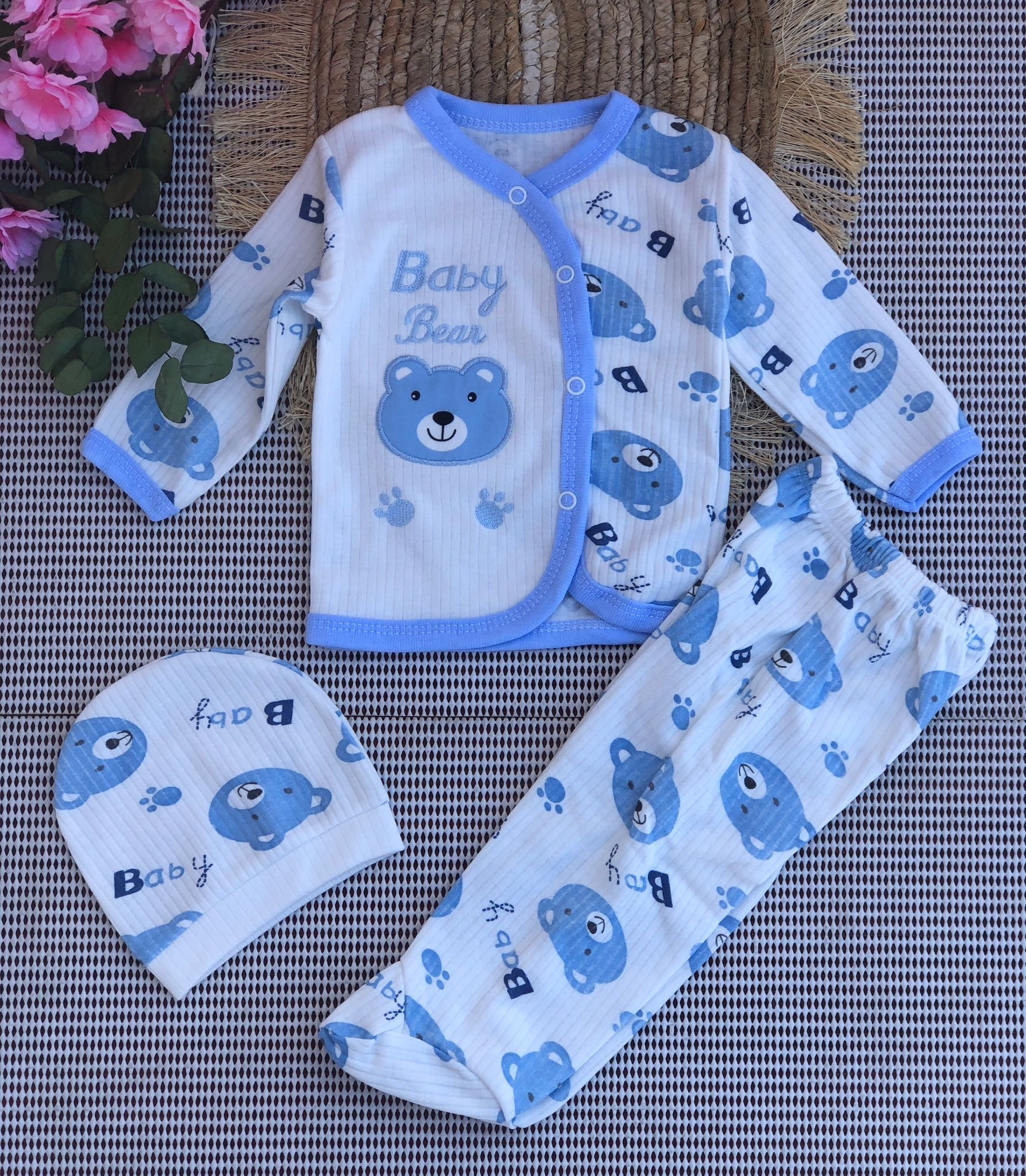Özlev Baskılı Desenli Bebe 3'lü Zıbın Takımı - Bear Nkş