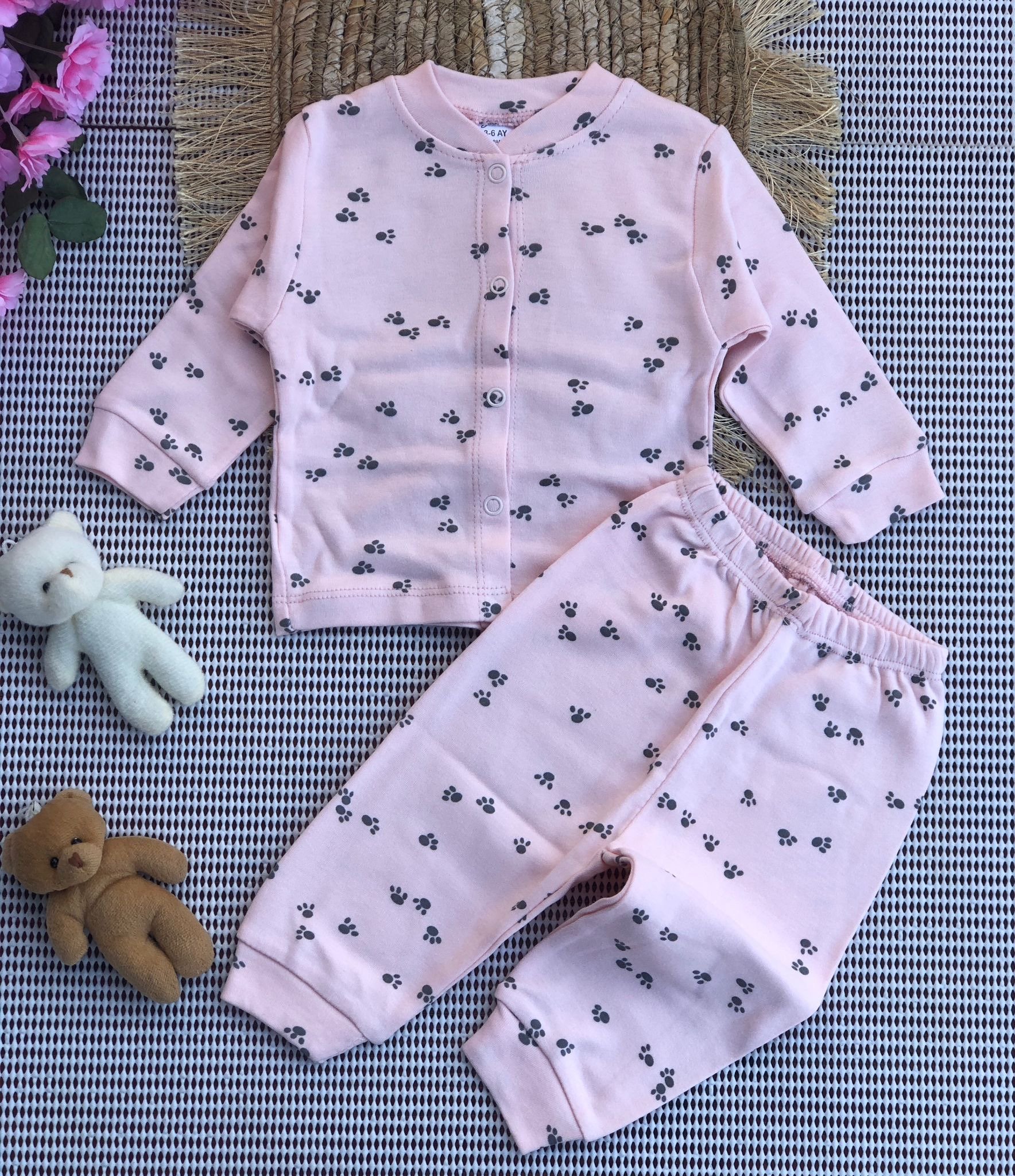MiniPetty Pati Baskılı Düğmeli Pijama Takımı - PEMBE