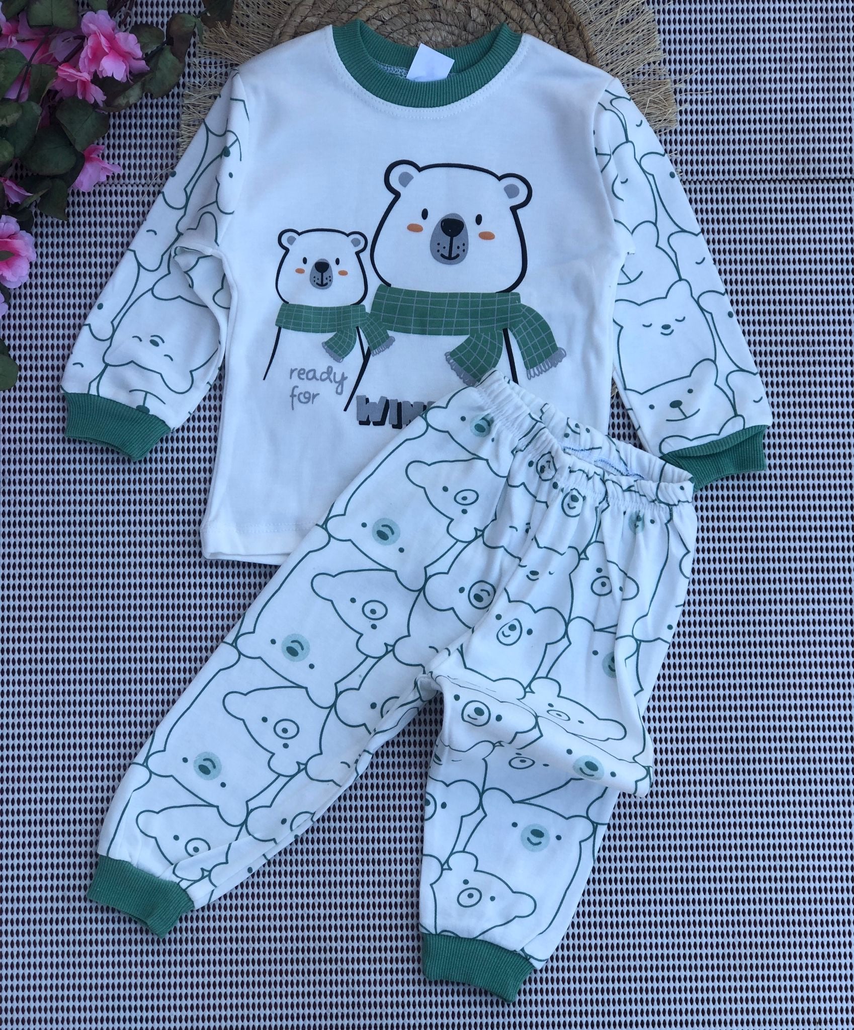 Süpermini Desenli Pijama Takımı - Yeşil Ayı