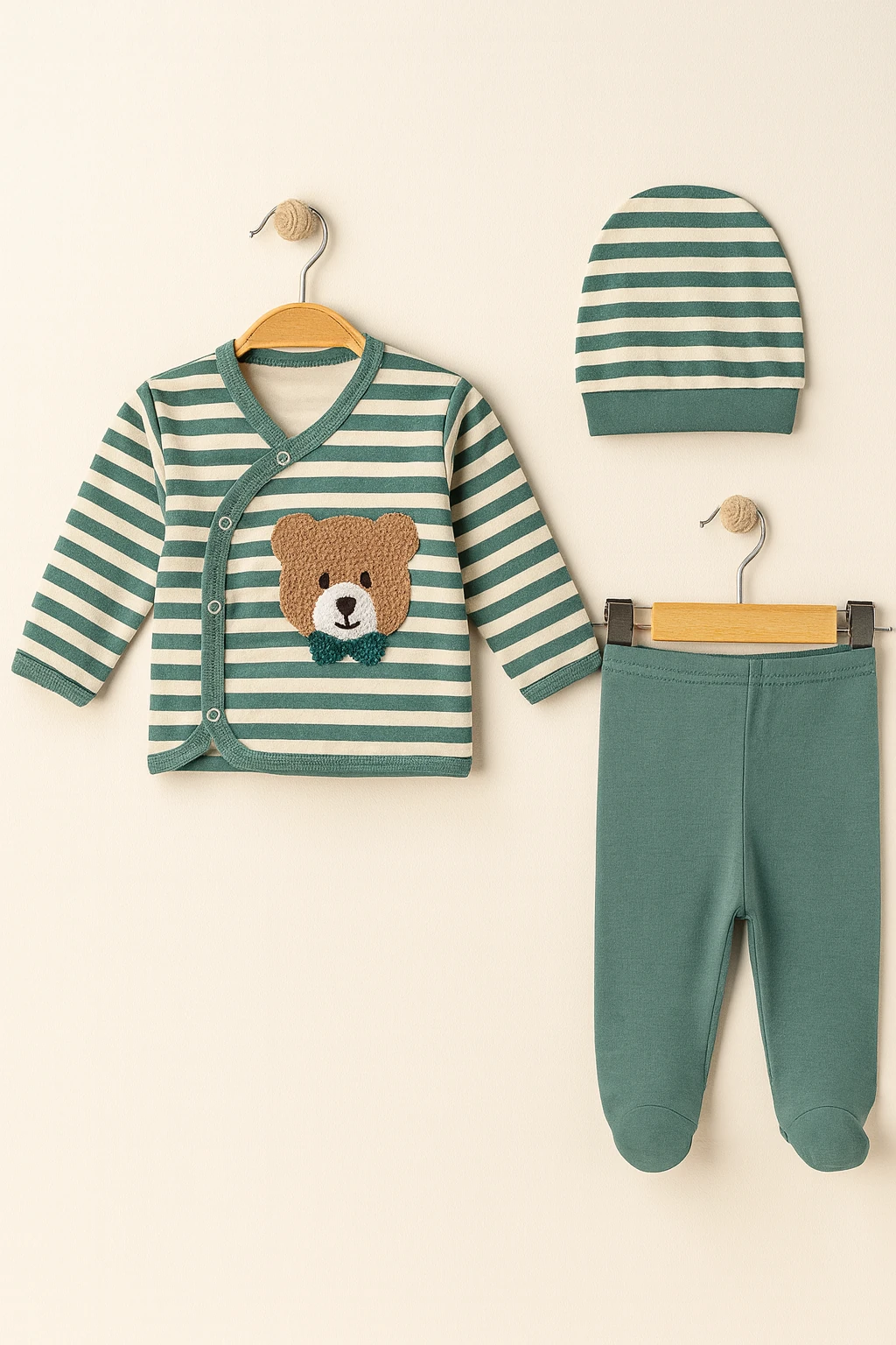 GoncaZem Ayı Süzene Nakışlı Yenidoğan Set - Yeşil