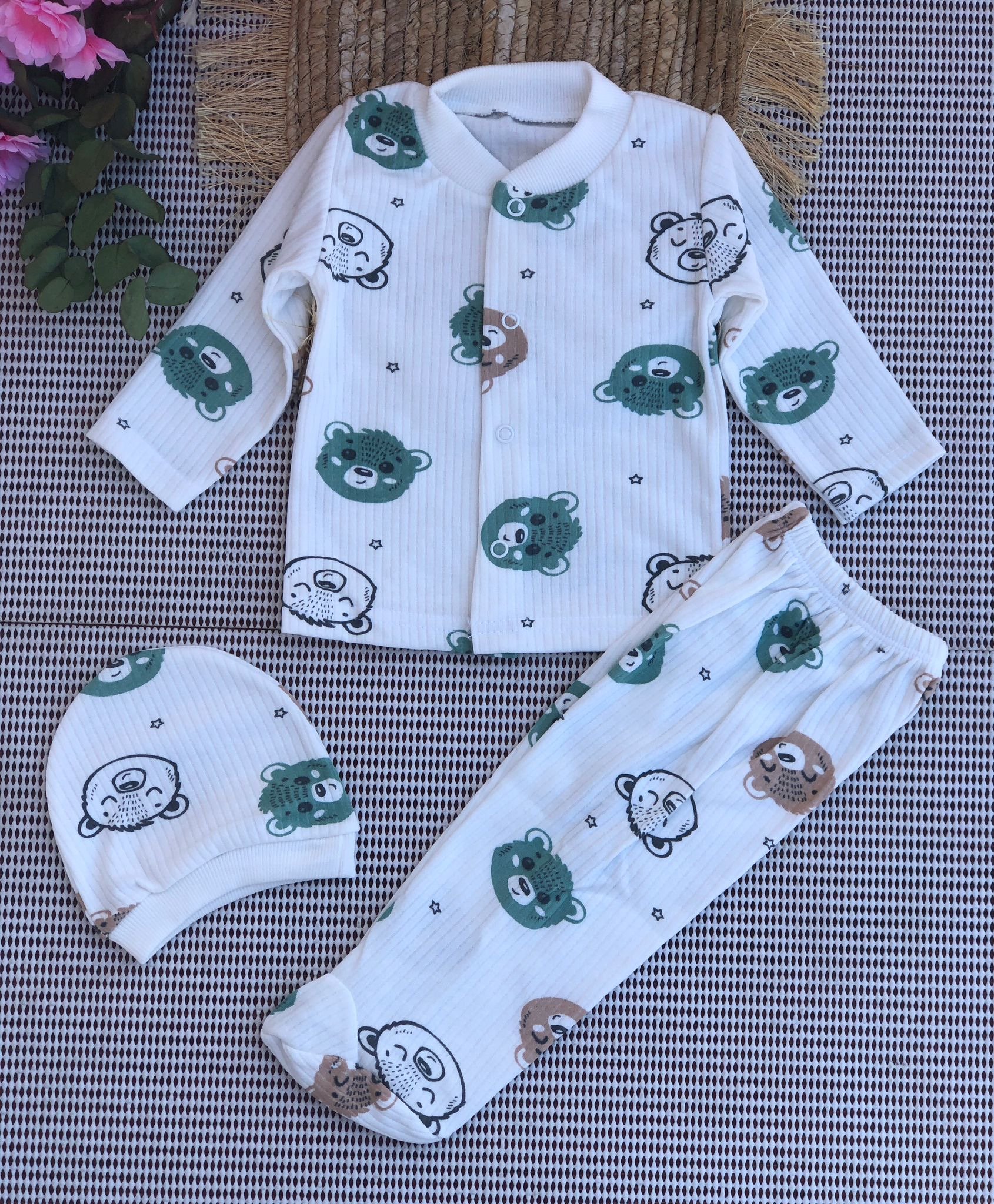 Özlev Baskılı Desenli Bebe 3'lü Zıbın Takımı - Ayı Kafa