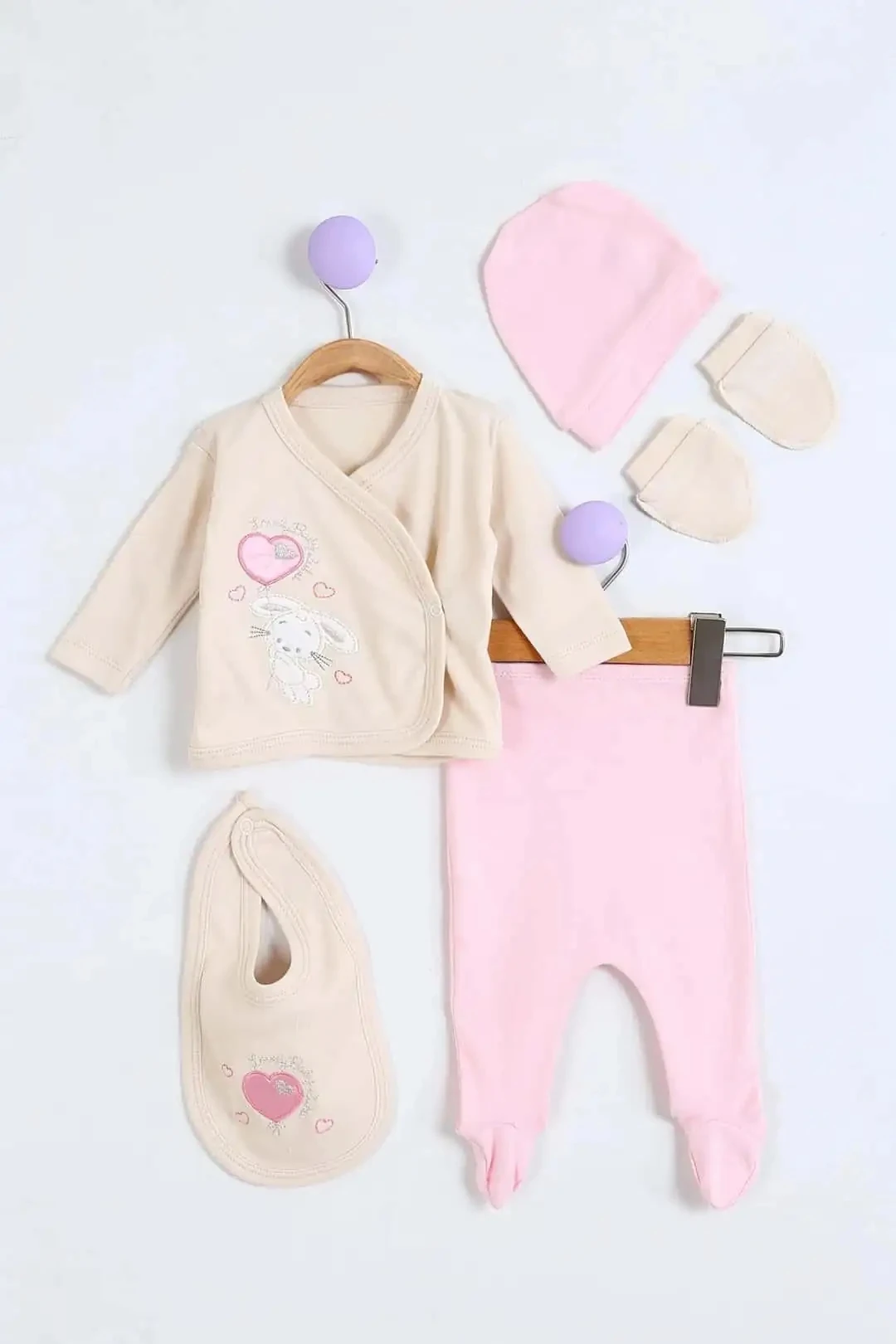Juuta Balon Nakışlı Tavşanlı 5'li Kız Bebe Takım - Pembe