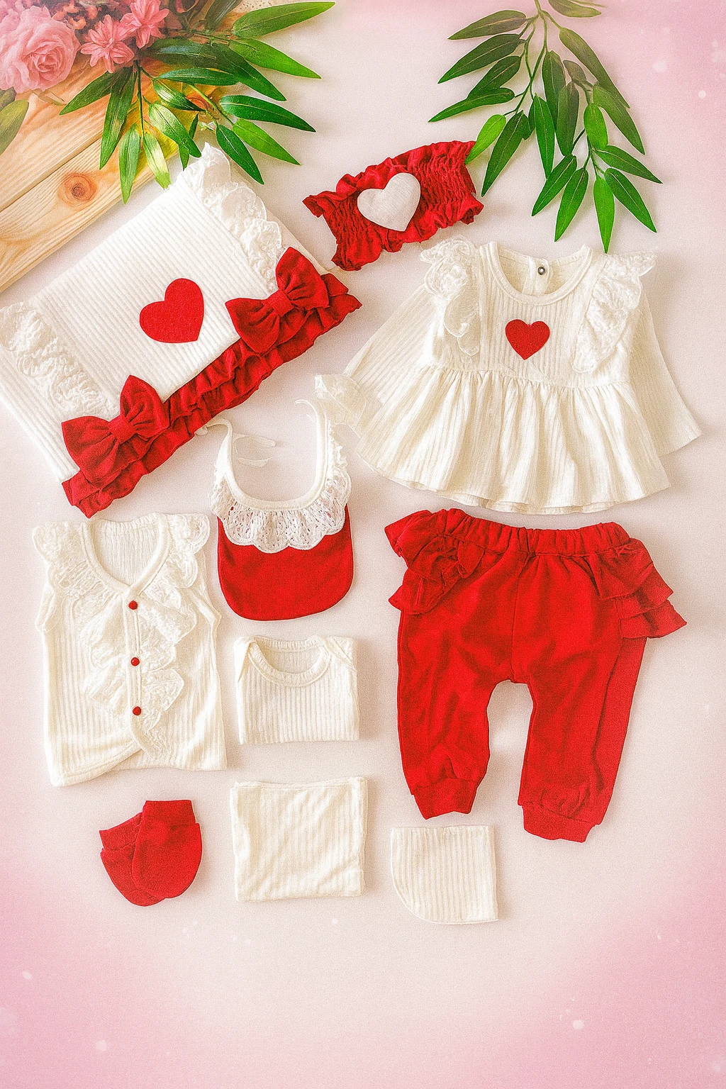 MiniCayzen Kız Bebek Natural Pamuk Fistolu Süslü Lüks 10 Li Hastane Çıkışı Yenidoğan Seti - Kalp