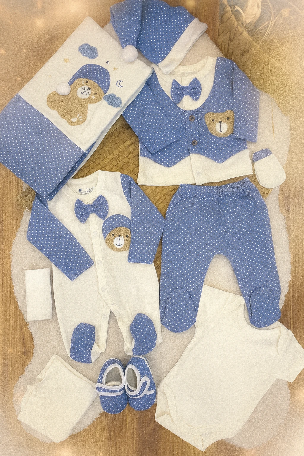 MiniCayzen Süzene Uykucu Ayıcık Nakışlı Yenidoğan Erkek Bebek Tulumlu 10lu Hastane Çıkış Seti - Mavi