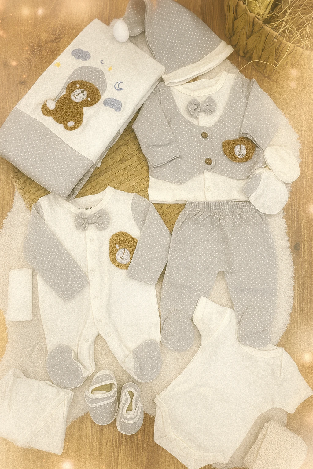 MiniCayzen Süzene Uykucu Ayıcık Nakışlı Yenidoğan Erkek Bebek Tulumlu 10lu Hastane Çıkış Seti - Gri