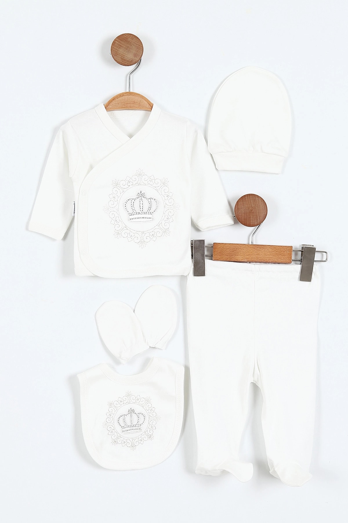 Zıpır Taç Model Taşlı Yeni Doğan 5'li Bebek Zıbın  - Beyaz