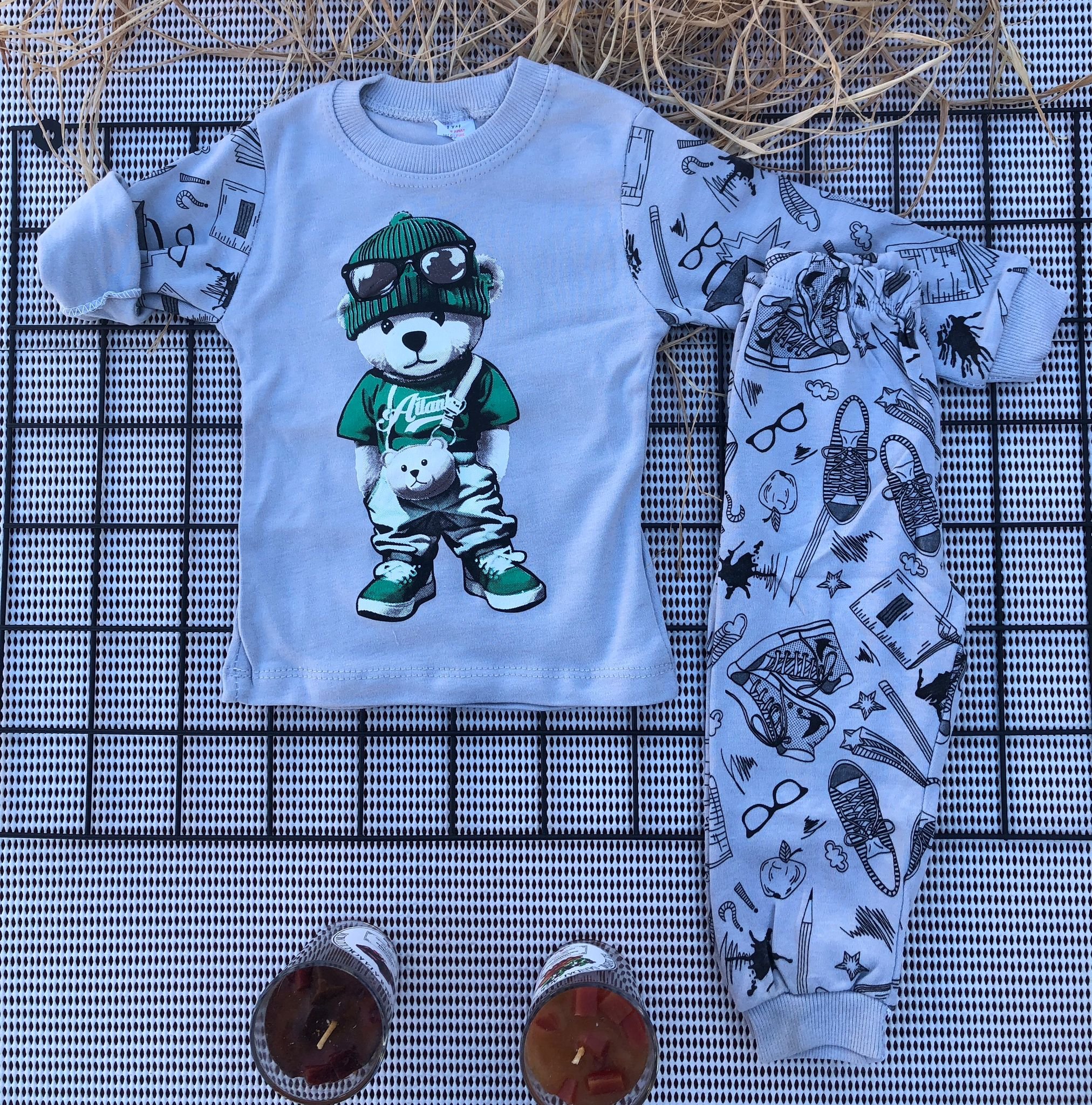 Süpermini Ayı Baskılı Pijama Takımı - GRİ