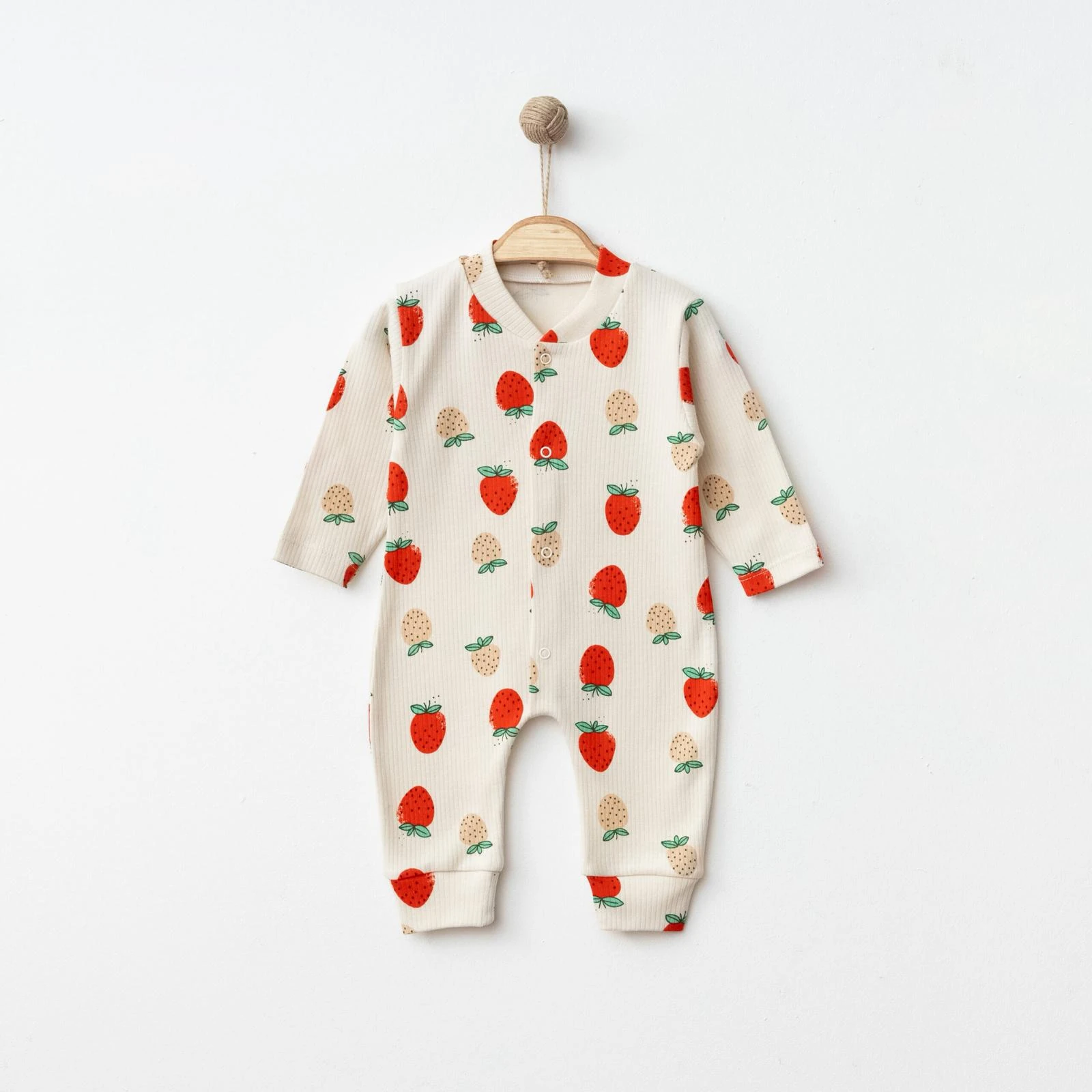 Çilek Desenli Bebek Tulumu - Bej