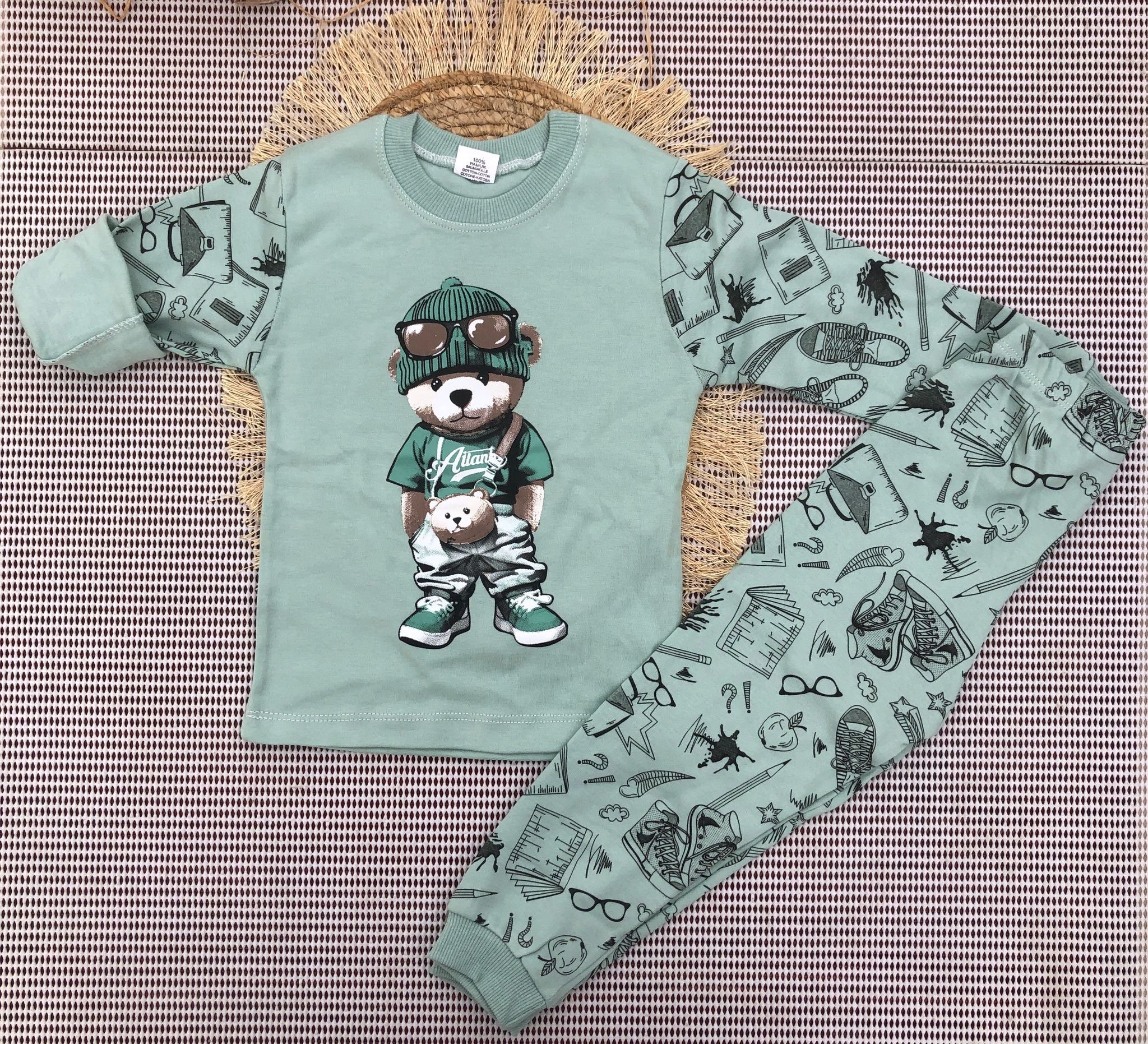 Süpermini Ayı Baskılı Pijama Takımı - Yeşil