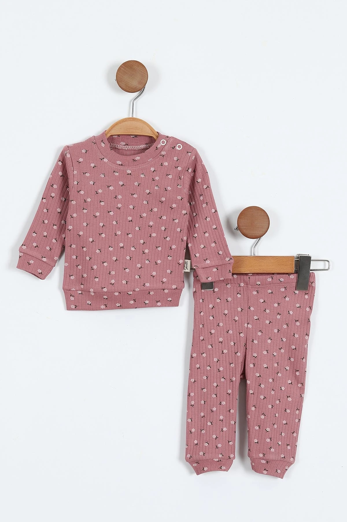 Sevilla Mini Çiçekli Raporlu Kız Bebek Pijama Takım - Gül Kurusu