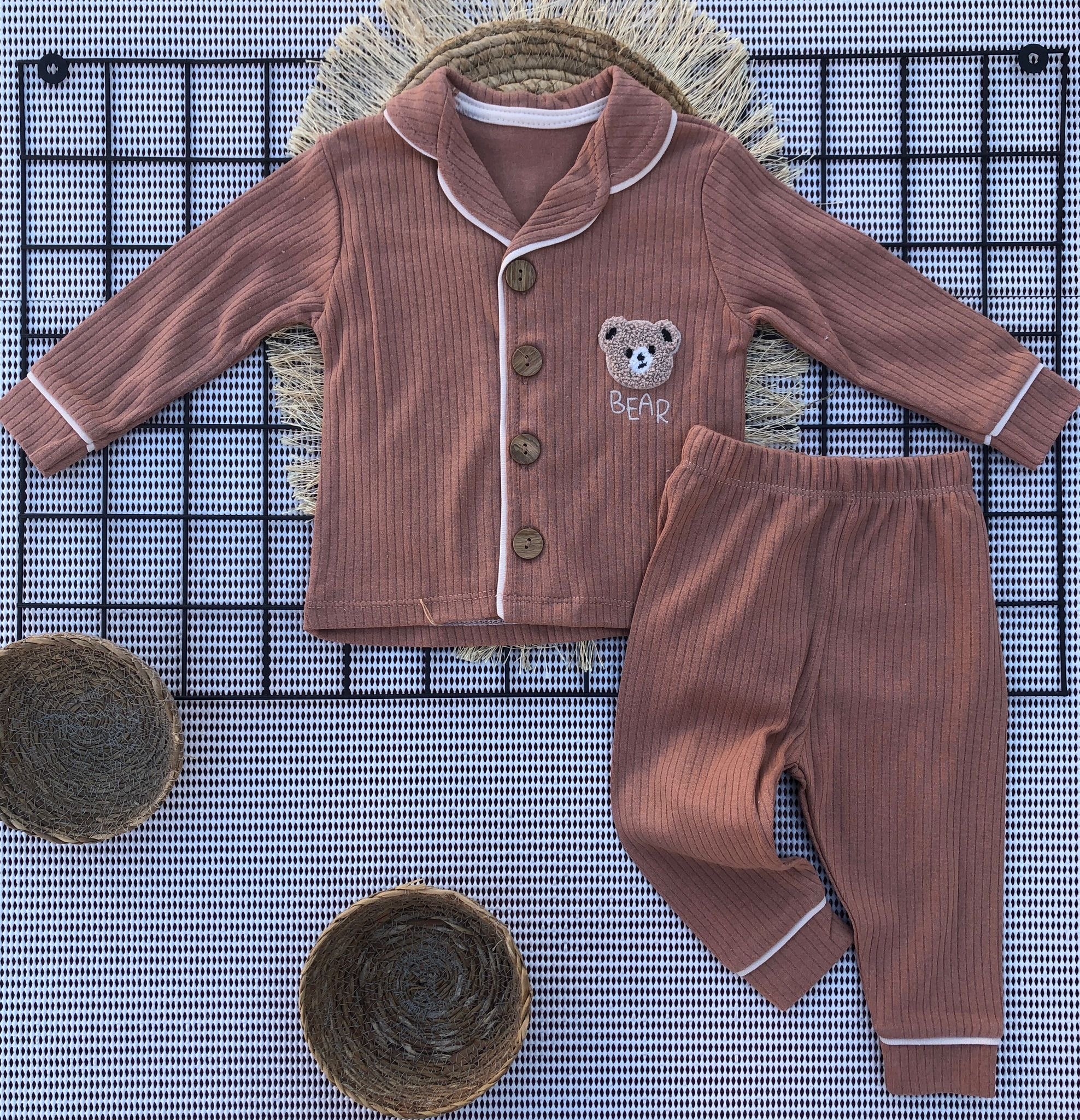 Dolaş Kids  Bear Ayı Süzene Nakışlı Yakalı Erkek Bebek Pijama Takımı