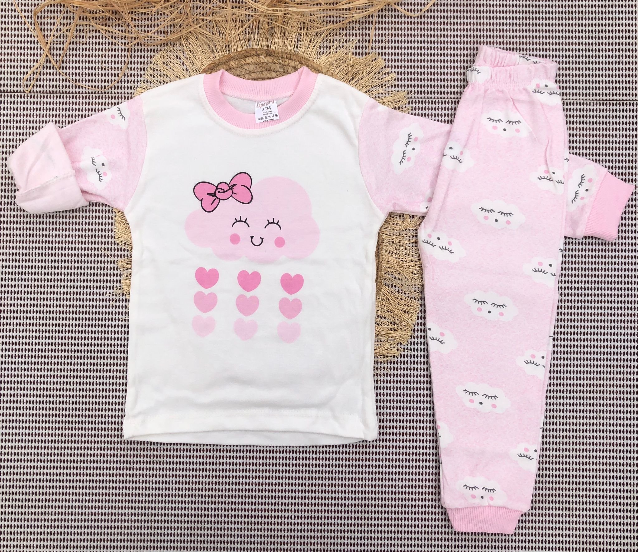 Süpermini Bulut Kalp Baskılı Pijama Takımı - PEMBE
