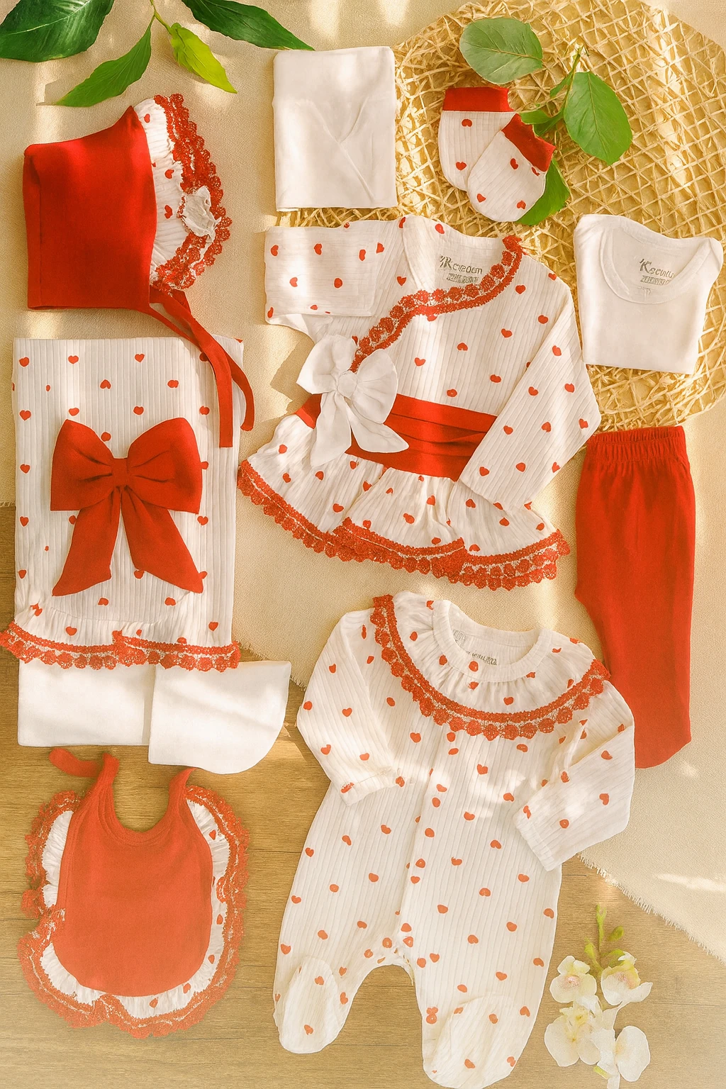 MiniCayzen Kız Bebek Natural Pamuk Fistolu Süslü Lüks 10 Li Hastane Çıkışı Yenidoğan Seti - Kurdele