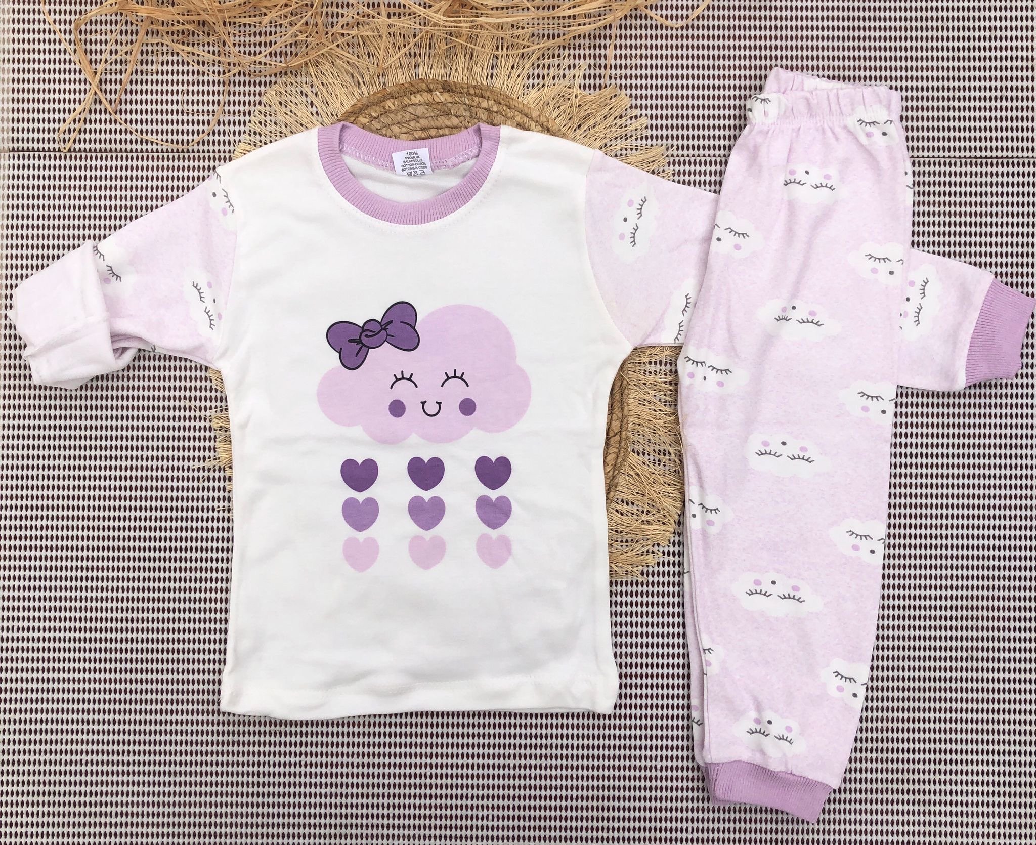 Süpermini Bulut Kalp Baskılı Pijama Takımı - Mor