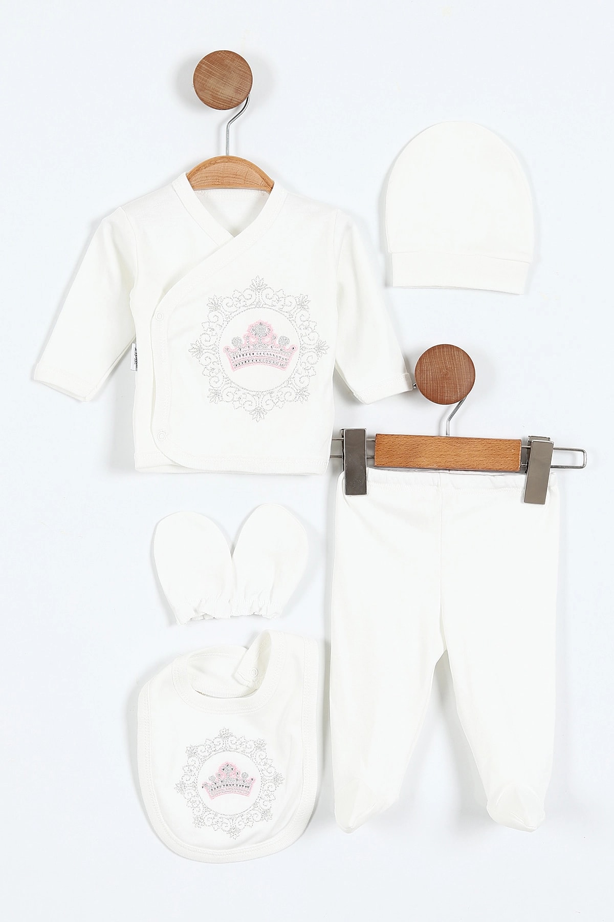 Zıpır Taç Model Taşlı Yeni Doğan 5'li Bebek Zıbın  - Pembe