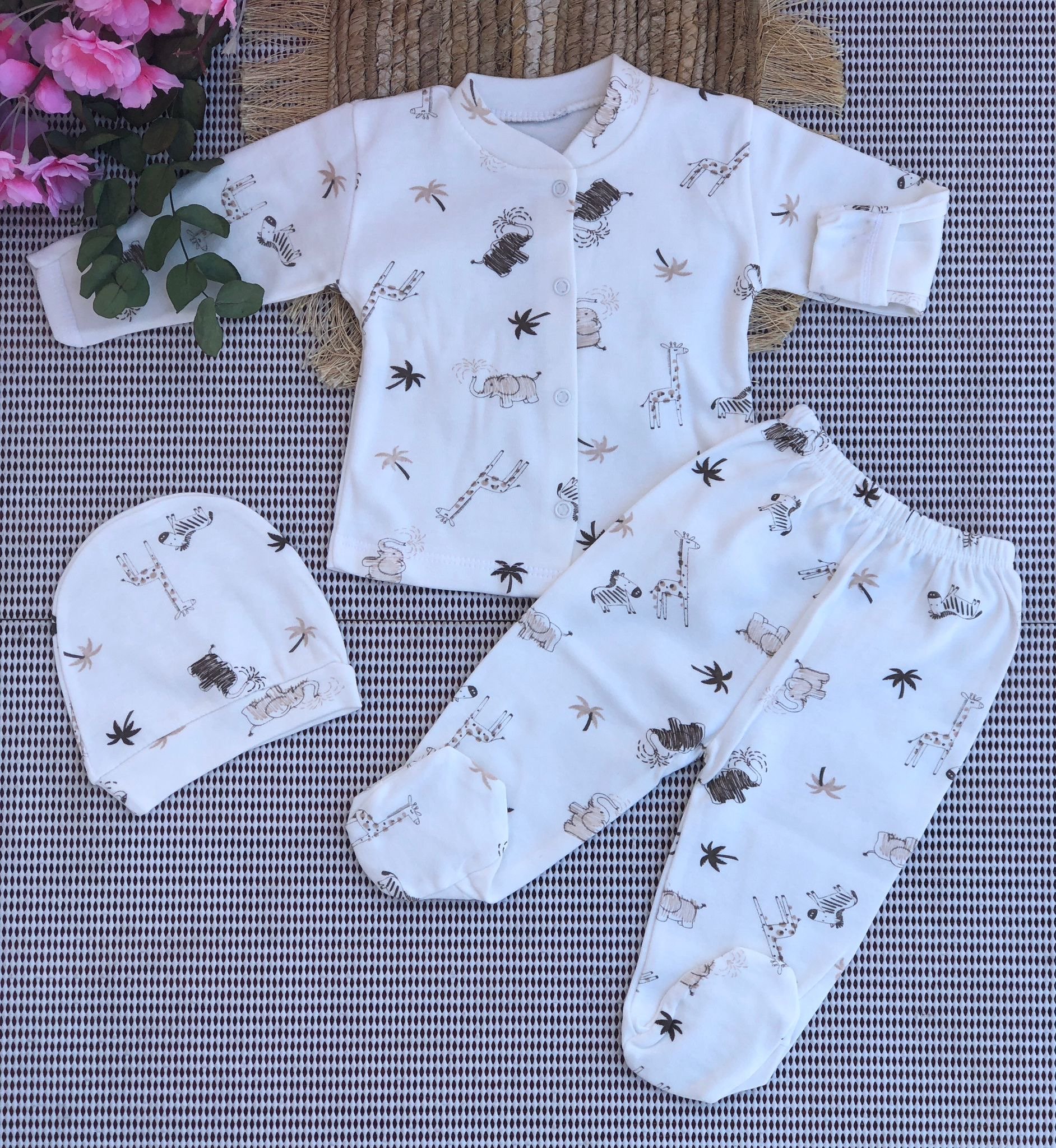 MiniPetty Desenli Baskılı Düğmeli 3'li Set - Fil Desenli