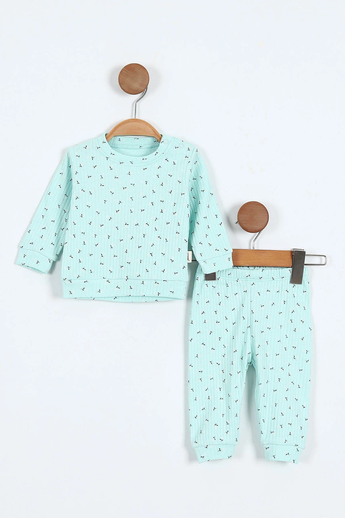 Sevilla Mini Çiçekli Raporlu Kız Bebek Pijama Takım - Açık Yeşil