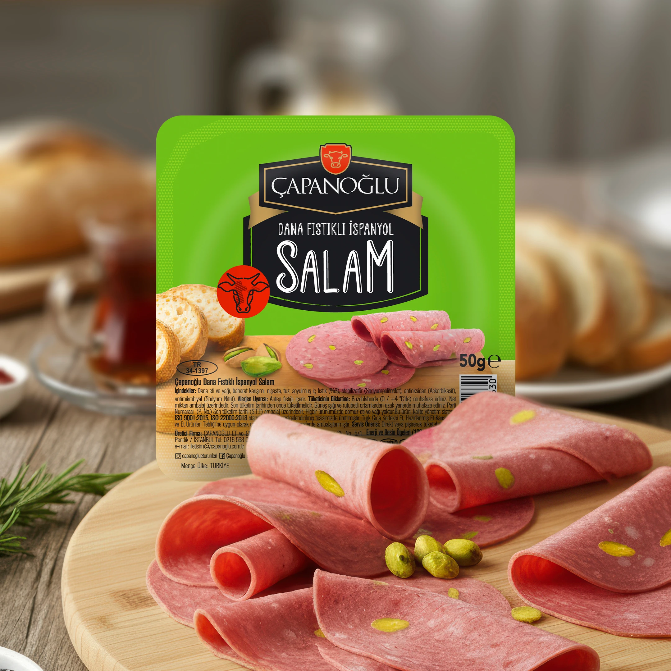 Dilimli Dana Fıstıklı İspanyol Salam 50gr (5 Adet)