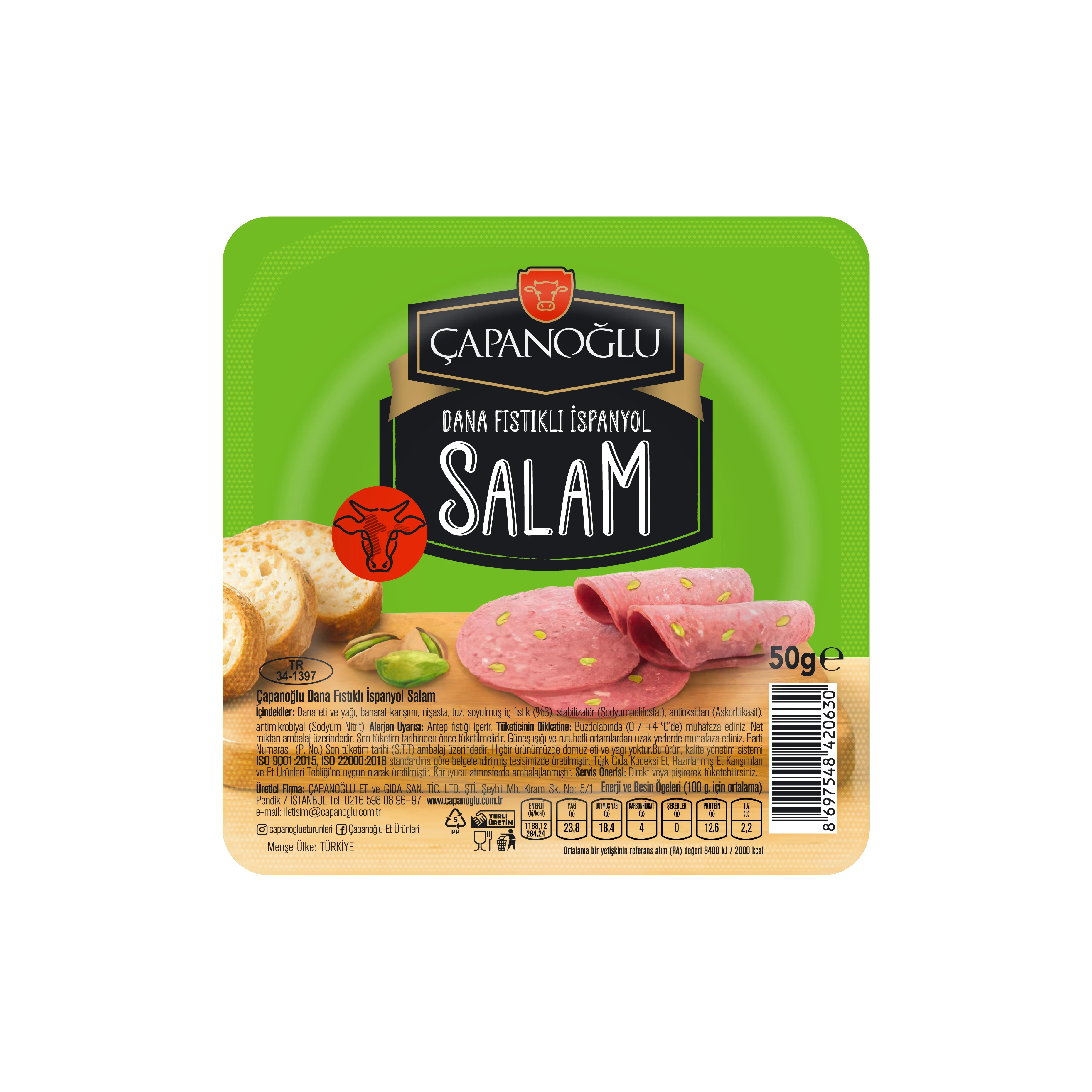 Dilimli Dana Fıstıklı İspanyol Salam 50gr (5 Adet)