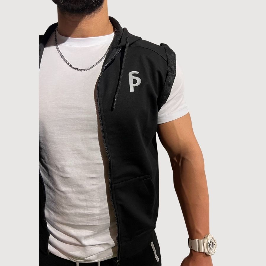 Sporcum Regular Fit Pamuklu Kapüşonlu Fermuarlı Kolsuz Spor Erkek T-Shirt Yelek – Comfort Serisi - Siyah