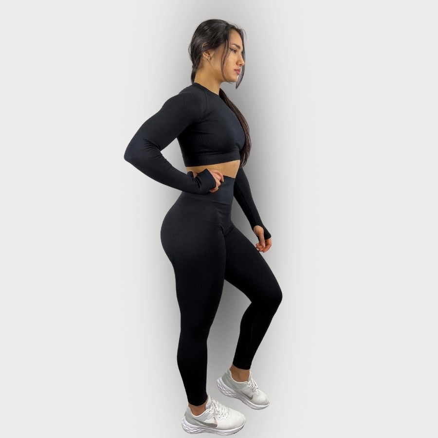 Sporcum Siyah Seamless Toparlayıcı Kadın Uzunkollu Spor Crop Top – Sirius Serisi