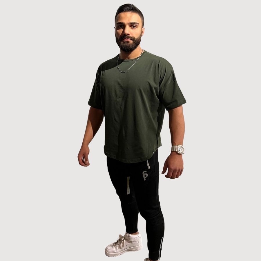 Sporcum Regular Fit Pamuklu Bol Kesim Bisiklet Yaka Dökümlü Erkek Tshirt – Galium Serisi - Asker Yeşili