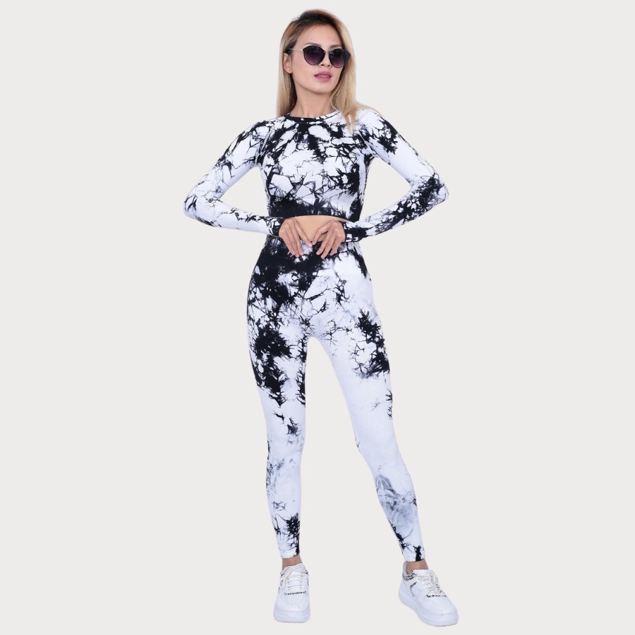 Seamless Kadın Batik Büzgülü Spor Tayt/Uzunkollu Takım – Lilium Serisi - Beyaz