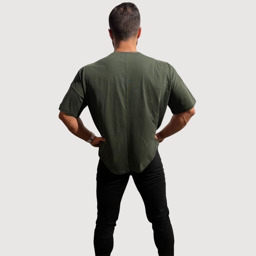 Sporcum Regular Fit Pamuklu Bol Kesim Bisiklet Yaka Dökümlü Erkek Tshirt – Galium Serisi - Asker Yeşili