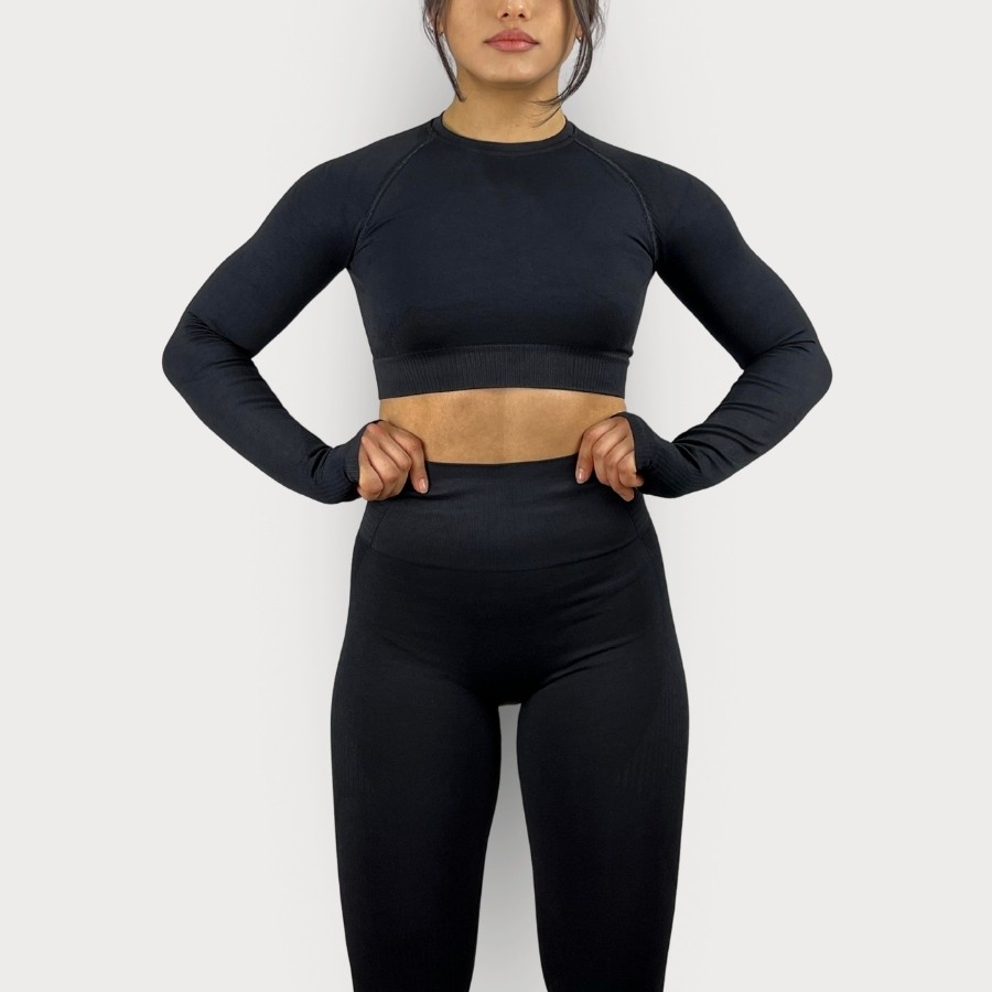Sporcum Siyah Seamless Toparlayıcı Kadın Uzunkollu Spor Crop Top – Sirius Serisi