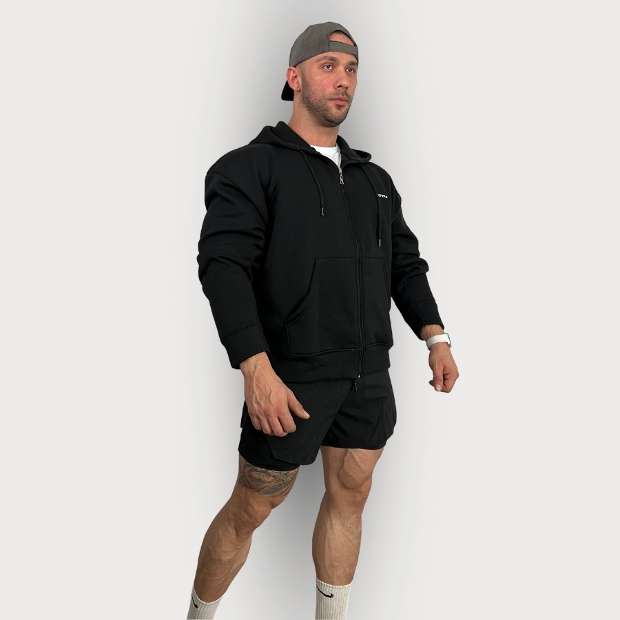 Sporcum Oversize Pamuklu 3 İplik Fermuarlı Sweatshirt - Titan Serisi - Siyah