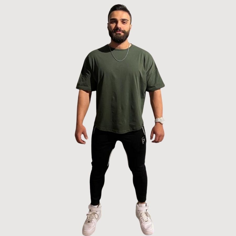 Sporcum Regular Fit Pamuklu Bol Kesim Bisiklet Yaka Dökümlü Erkek Tshirt – Galium Serisi - Asker Yeşili