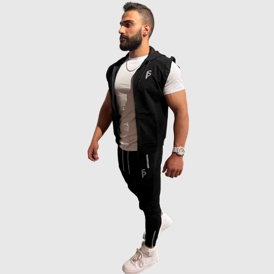 Sporcum Regular Fit Pamuklu Kapüşonlu Fermuarlı Kolsuz Spor Erkek T-Shirt Yelek – Comfort Serisi - Siyah