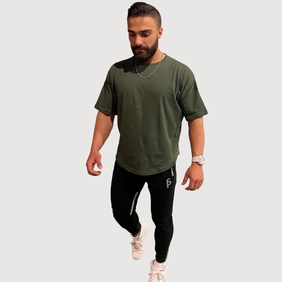 Sporcum Regular Fit Pamuklu Bol Kesim Bisiklet Yaka Dökümlü Erkek Tshirt – Galium Serisi - Asker Yeşili