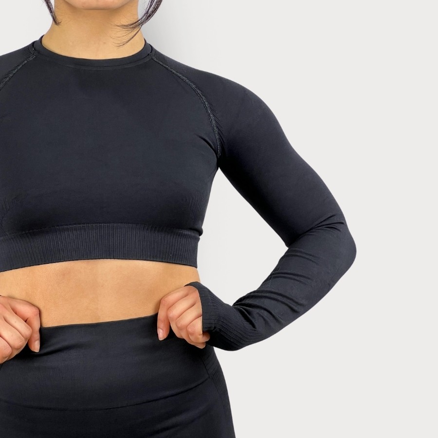 Sporcum Siyah Seamless Toparlayıcı Kadın Uzunkollu Spor Crop Top – Sirius Serisi