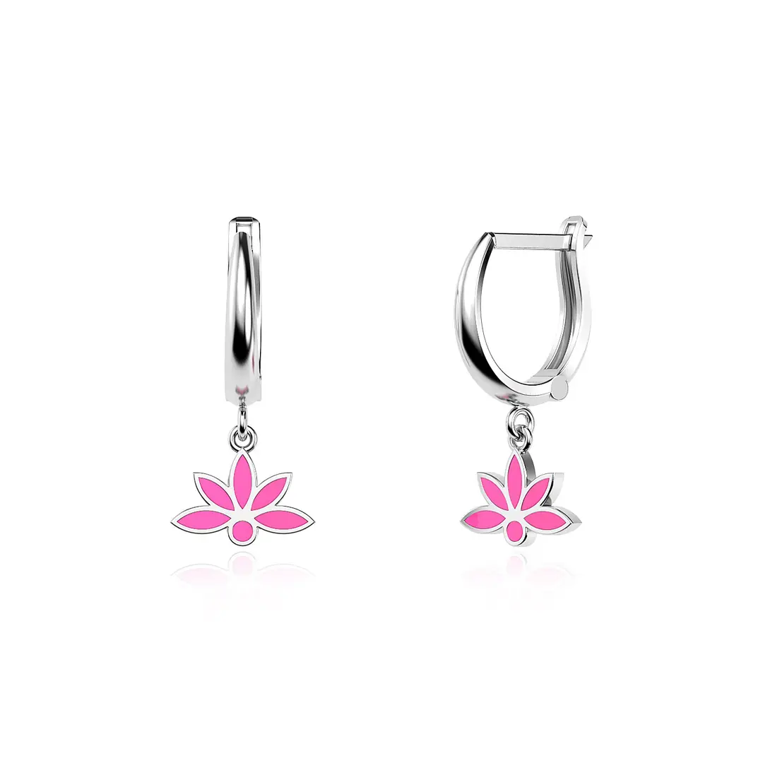 Enamel Lotus Flower White Silver Earrings