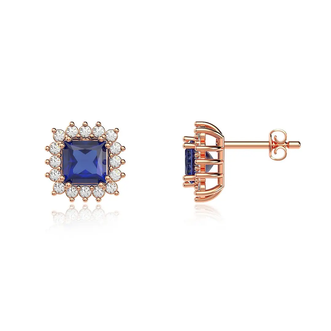 Square Sapphire Stone-set Anturaj Rose Silver Earrings
