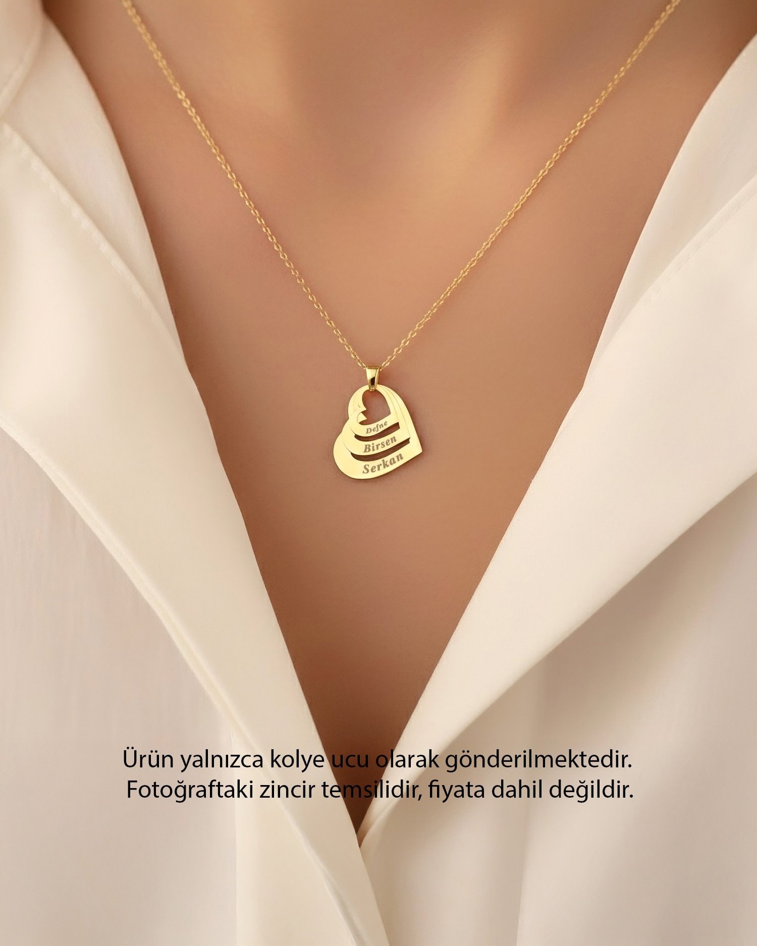 Üç İsimli Kalpler 14 Ayar Altın Kolye Ucu