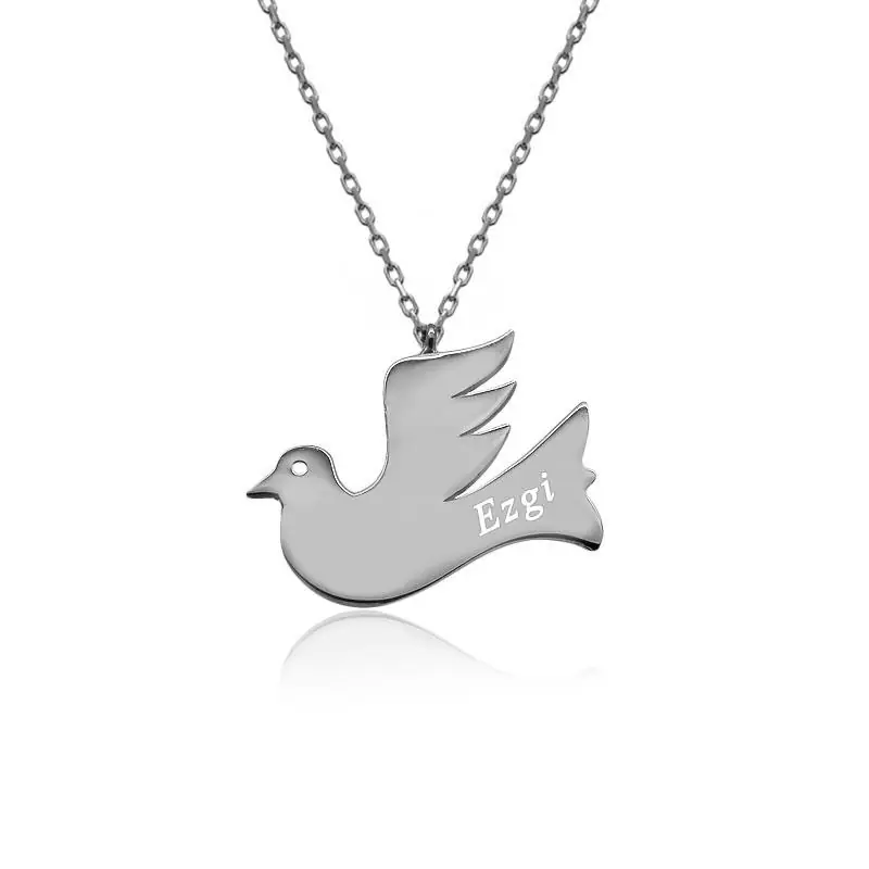 Personalized White Uçan Bird Plaque Silver Necklace