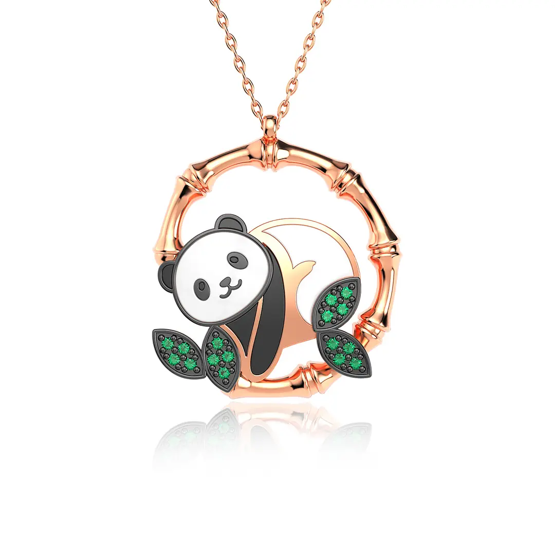 Enamel Panda Rose Silver Necklace