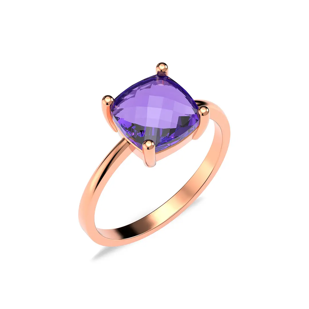 Square Amethyst Stone-set Solitaire Rose Silver Ring