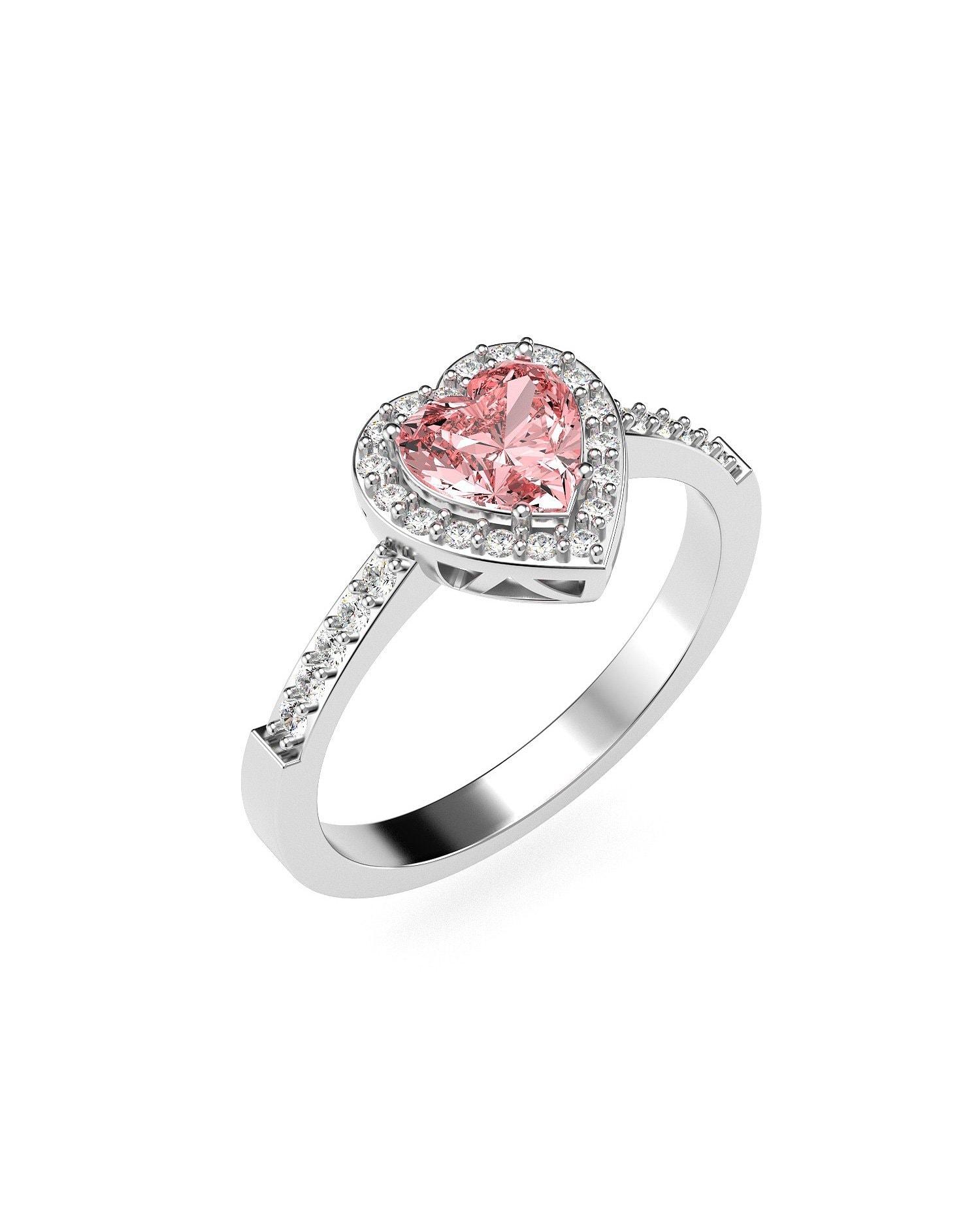 Pembe Kalp Taşlı Pırlanta Görünümlü Beyaz Gümüş Yüzük