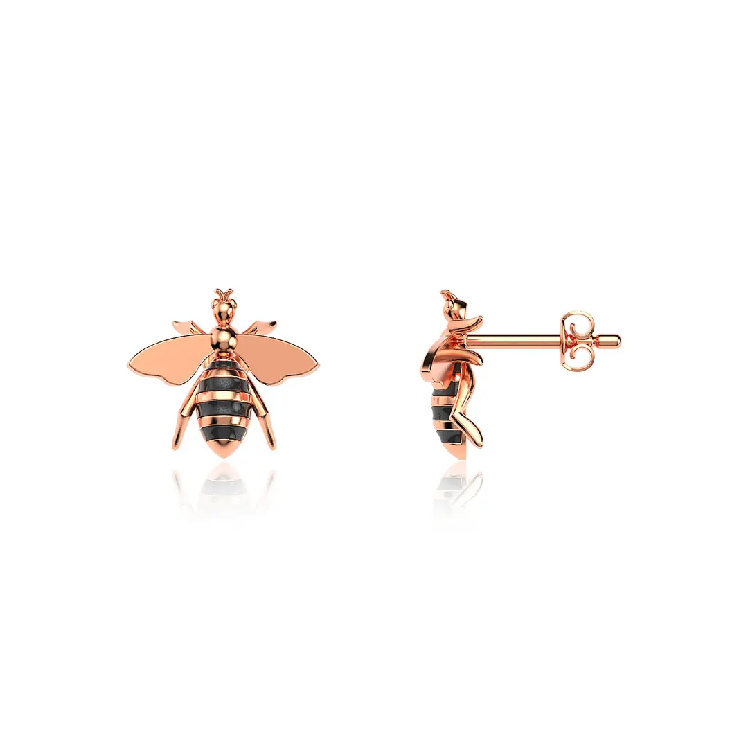 Enamel Bee Rose Silver Earrings