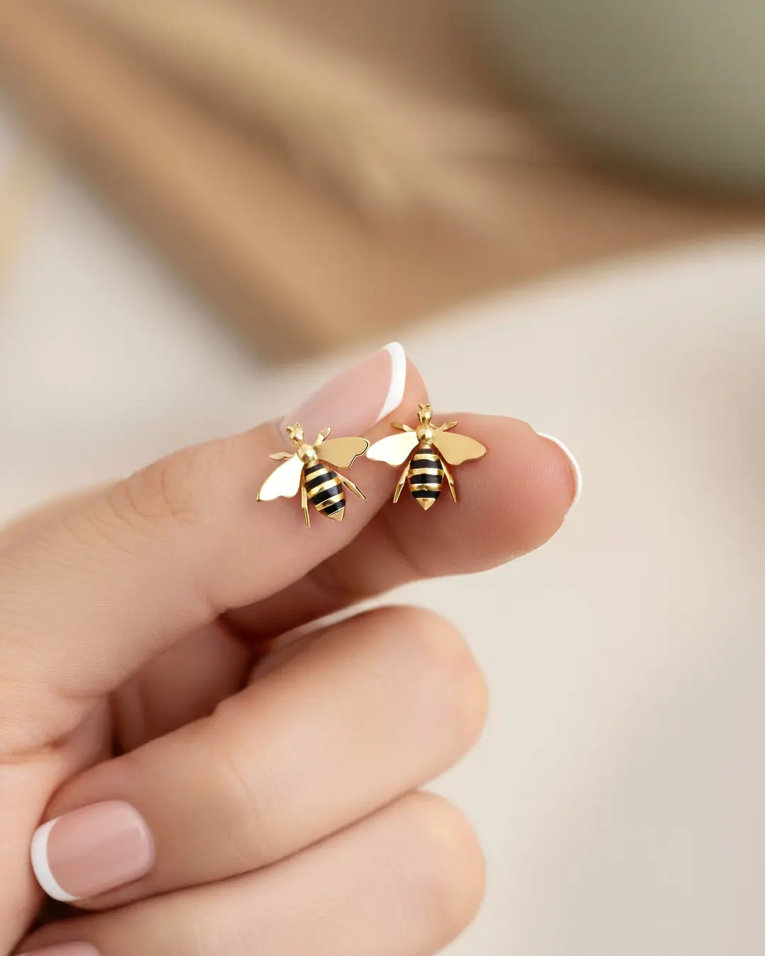 Enamel Bee 14 K Gold Earrings