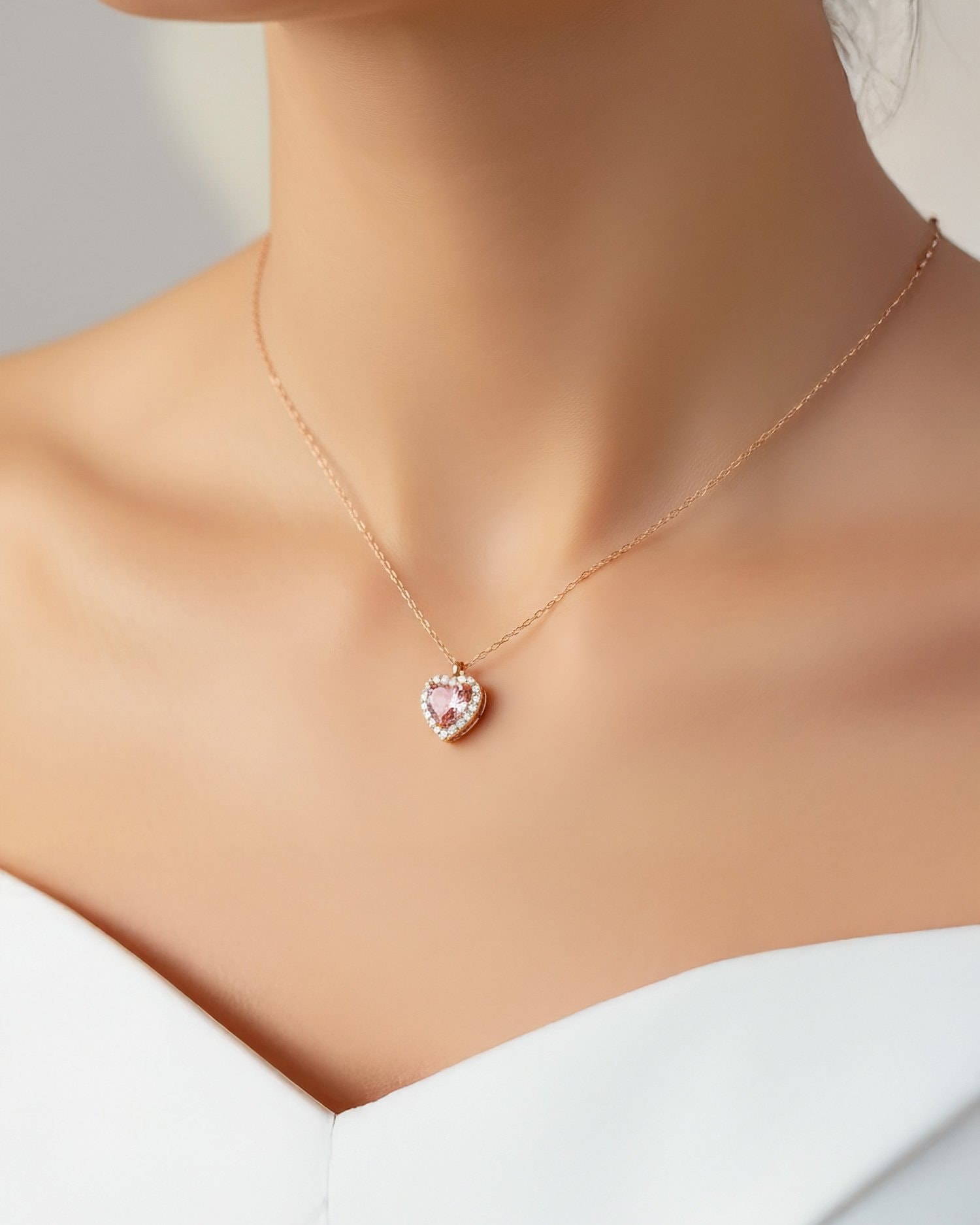 Pembe Kalp Taşlı Pırlanta Görünümlü Rose Gümüş Kolye