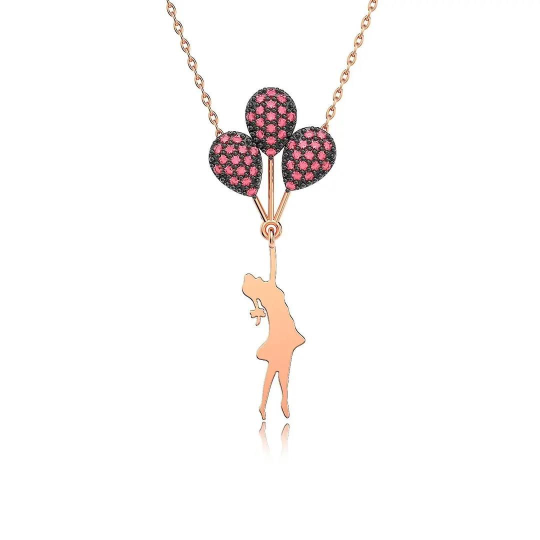 Red Balonlu Kız Rose Silver Necklace