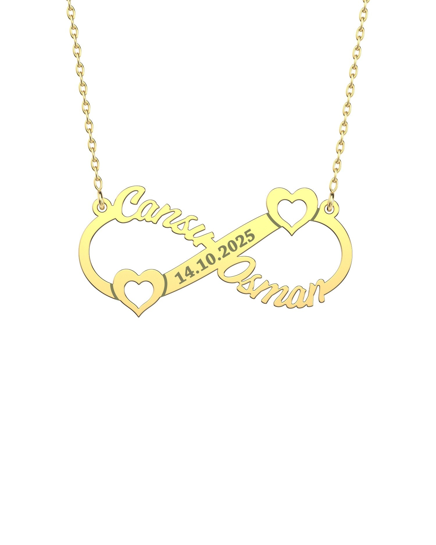 Kalpli İki İsimli Tarihli Sonsuzluk 14 Ayar Altın Kolye